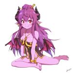  1girl artist_name bare_shoulders barefoot blue_earrings bracelet breasts chain cleavage demon_girl demon_horns demon_wings earrings fang full_body hair_ornament hair_stick highres horns jewelry long_hair looking_at_viewer medium_breasts no_panties pointy_ears purple_hair purple_skin red_eyes sidelocks sitting sizque smile solo very_long_hair wings 