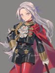  1girl artist_request axe blonde_hair blue_eyes cape cravat edelgard_von_hresvelgr_(fire_emblem) fire_emblem fire_emblem:_three_houses gloves hair_ornament hair_ribbon long_hair looking_at_viewer pantyhose red_cape ribbon simple_background solo uniform weapon 