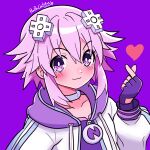  1girl blush choker commentary d-pad d-pad_hair_ornament emblem fingerless_gloves gloves hair_ornament hood hoodie long_sleeves mixed-language_commentary neptune_(neptunia) neptune_(series) papacat purple_background purple_eyes purple_hair short_hair sidelocks smile solo white_choker white_hoodie 