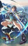  1girl absurdres bird black_boots black_dress black_hair blue_bird blue_eyes blue_hair boots breasts closed_mouth colored_inner_hair commentary_request dress feather_hair high_heel_boots high_heels highres holding holding_sword holding_weapon jacket long_hair looking_at_viewer medium_breasts mitsukayurie multicolored_hair outstretched_arm partial_commentary smile solo sword tacet_mark_(wuthering_waves) weapon white_jacket wuthering_waves yangyang_(wuthering_waves) yangyang_(xuanling)_(wuthering_waves) 