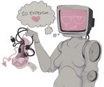 aphrodite_(drunkydude) belly breasts claws clothing digital_media_(artwork) drunkydude electronics female feminine footwear for_a_head grey_body heart_symbol hi_res high_heels humanoid machine not_furry object_head pink_face robot robot_humanoid sagging_breasts screen screen_face screen_head shoes solo television thought_bubble tv_head wheel_feet