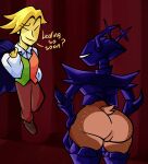 absurd_res anthro antlers armor big_butt black_armor blonde_hair blue_armor bottomless bottomwear brown_body brown_bottomwear brown_clothing brown_footwear brown_fur brown_pants brown_shoes butt clothed clothing december_holiday deer deltarune dialogue duo elemental_creature elemental_humanoid english_text exposed exposed_butt eye_through_hair eyes_closed fawn_spots featureless_crotch female floating flora_fauna flower flower_creature flower_humanoid flowery_(deltarune) footwear fur hair hands_on_hips hi_res horn human humanoid humor male mammal mc_is_here mrdarknessart1's_roaring_knight new_world_deer pants plant plant_humanoid pun purple_armor rear_view reindeer roaring_knight scut_tail seven_flowers shirt shoes short_tail shoulder_pads tail tan_body tan_fur text thick_thighs topwear translucent translucent_hair two_tone_vest unconvincing_armor undertale_(series) vest white_clothing white_shirt white_topwear wide_hips yellow_body yellow_skin