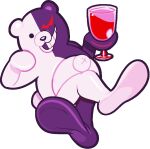 2025 2d_animation alternate_color animated animated_gif anthro bear black_eyes black_nose crossed_legs danganronpa featureless_feet feet foot_focus holding_glass holding_object loop male mammal monokuma motion_tweening multicolored_body navel purple_body short_playtime solo spike_chunsoft submarine_screw tail two_tone_body white_body