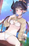  1girl absurdres beerbear_7321 bikini black_hair black_horns blue_archive breasts brown_shrug chair chiaki_(blue_archive) chiaki_(swimsuit)_(blue_archive) cloud commentary curved_horns demon_girl demon_horns fishnet_shrug hair_bun hair_ornament hair_scrunchie halo highres horns legs_apart looking_at_viewer o-ring o-ring_bikini o-ring_top official_alternate_costume official_alternate_hairstyle red_eyes red_halo scrunchie see-through_clothes see-through_shrug shrug_(clothing) side-tie_bikini_bottom sitting smile solo swimsuit untied_bikini_bottom white_bikini 