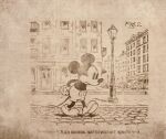 2026 anthro apartment_building awning bottomwear building car clothed clothing digital_drawing_(artwork) digital_media_(artwork) disney door dot_eyes fire_escape footwear frown gloves hands_behind_back handwear hot-coco male mammal mickey_mouse monochrome mouse mouse_tail murid murine pants paper_background road rodent russian_text shoes sidewalk simple_eyes solo street_lamp suicide_mouse_(character) suicide_mouse_(creepypasta) text toony topless topless_male vehicle walking window