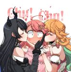  3girls ahoge asymmetrical_horns bare_shoulders black_flower black_gloves black_hair black_horns black_jacket blue_hair blush braid breasts closed_eyes clothing_cutout collar colored_inner_hair commentary_request constricted_pupils demon_horns detached_collar detached_sleeves double_cheek_kiss dress earrings feather_earrings feathers flower frilled_collar frills full-face_blush fur-trimmed_jacket fur-trimmed_sleeves fur_trim gloves green_eyes green_hair hair_ornament hairclip half_up_braid hand_on_another's_cheek hand_on_another's_face heart highres hololive hololive_english horn_flower horns jacket jewelry kiss kissing_cheek lipstick_mark lipstick_mark_on_face long_hair long_sleeves looking_at_viewer medium_breasts menzra88 multicolored_hair multiple_girls nerissa_ravencroft nerissa_ravencroft_(1st_costume) no_mouth official_alternate_costume orange_hair pink_dress pink_hair profile puffy_detached_sleeves puffy_sleeves red_dress romaji_text sakura_miko sakura_miko_(flower_fantasista!) shoulder_cutout takanashi_kiara takanashi_kiara_(drawn_to_dawn) two-tone_hair uneven_horns virtual_youtuber wide-eyed yuri 