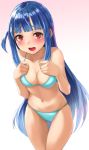 1girl bangs bare_shoulders bikini blue_bikini blush breasts cleavage collarbone eyebrows_visible_through_hair furrowed_eyebrows gradient gradient_background hands_up highres kotonoha_aoi kurione_(zassou) long_hair looking_at_viewer navel one_side_up skindentation small_breasts solo straight_hair swimsuit tears thigh_gap thighs very_long_hair voiceroid 