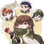  1girl 3boys ahoge bangs blue_eyes blue_hair brown_hair closed_eyes closed_mouth commentary_request confetti earrings eliwood_(fire_emblem) eyebrows_visible_through_hair fire_emblem fire_emblem:_the_blazing_blade fire_emblem_heroes gloves green_hair hair_ornament hector_(fire_emblem) highres holding jewelry long_hair long_sleeves lyn_(fire_emblem) mark_(fire_emblem:_the_blazing_blade) multiple_boys nakabayashi_zun open_mouth parted_lips party_popper ponytail red_hair scarf shiny shiny_hair short_hair simple_background tears tiara 