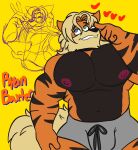 anthro arcanine athletic_wear biceps big_muscles big_pecs bottomwear bowl bulge canid canine chin_tuft chopsticks clothed clothing container dialogue eating eating_food facial_tuft food generation_1_pokemon gym_bottomwear gym_shorts hair heart_symbol heterochromia hi_res huge_pecs long_hair male mammal mullet muscular muscular_male nintendo noodles pecs pokemon pokemon_(species) ryan_baxter_(maxthewolf18) shirt short shorts sketch solo tank_top text thick_thighs topless topless_male topwear tuft wide_hips zackdadawg