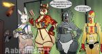 2026 aabramsart anthro artist_name avian bird breasts brick chicken_costume cleavage clothed clothing corvid corvus_(genus) costume crow curvy_figure dialogue english_description english_text equid equine eye_patch eyewear female glass_bottle group hi_res horse human humor lagomorph leporid male mammal mask molotov_cocktail oscine outlast passerine pony rabbit speech_bubble talking_to_another text the_outlast_trials thought_bubble