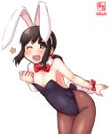 1girl alternate_costume animal_ears artist_logo black_eyes black_hair black_leotard bow bowtie brown_legwear bunny_ears bunny_tail bunnysuit commentary_request cowboy_shot dated detached_collar flat_chest fubuki_(kantai_collection) highres kanon_(kurogane_knights) kantai_collection leotard looking_at_viewer low_ponytail one_eye_closed pantyhose ponytail red_neckwear school_uniform serafuku short_ponytail sidelocks simple_background smile solo strapless strapless_leotard tail white_background wrist_cuffs 
