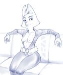 2024 anthro barbell_piercing belt bodysuit breasts canid canine clothing diane_foxington dreamworks exposed_breasts eyebrow_piercing facial_piercing female fox furniture inner_ear_fluff izra mammal monochrome on_sofa piercing sitting sitting_on_sofa skinsuit sofa solo stealth_suit the_bad_guys tight_clothing tuft unzipped_bodysuit utility_belt