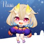 1girl :d ahoge anklet bike_shorts bilingual_commentary black_shorts blonde_hair blue_hair character_name chibi chibi_only choker colored_inner_hair cowlick crescent crescent_earrings double-parted_bangs dragon_claw dragon_girl dragon_horns dragon_tail drawstring earrings english_commentary fang fish full_body grey_shirt hair_between_eyes highres hood hoodie horns jewelry long_sleeves looking_at_viewer mixed-language_commentary mole mole_on_shoulder multicolored_hair multicolored_hoodie multiple_anklets off-shoulder_shirt off_shoulder official_art open_mouth padlocked_choker phase_connect pine_tree purple_choker purple_slippers red_claws red_eyes red_scales second-party_source shadow shirt short_hair short_shorts shorts single_earring skin_fang sleeves_past_wrists slippers smile snow snow_sculpture snowflakes solo standing star-shaped_pupils star_(symbol) star_print starry_hair symbol-shaped_pupils tail tree utatane_nasa utatane_nasa_(nasa_1.0) variant_set virtual_youtuber wafflegrab wide_sleeves yellow_horns yellow_pupils yellow_scales yellow_tail zipper zipper_pull_tab 