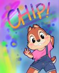  abstract_background bulge chip_(disney) chipmunk clothed clothing cub disney gesture ground_squirrel hi_res mammal overalls rodent sciurid smile smolhiki solo v_sign young 