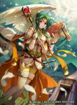  arm_guards armor bangs belt boots breastplate brown_eyes cloud cloudy_sky commentary_request company_connection copyright_name day elincia_ridell_crimea feathers fingerless_gloves fire_emblem fire_emblem:_radiant_dawn fire_emblem_cipher gloves green_hair holding horn jewelry konfuzikokon long_sleeves mountain official_art outdoors pants pegasus pegasus_knight shiny shiny_hair shoulder_armor sky staff sunlight sword thigh_boots thighhighs tiara tied_hair weapon white_footwear wings yellow_pants 
