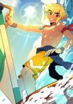  1boy blonde_hair cloud commentary grin jewelry link male_focus male_swimwear necklace no_nipples outdoors pectorals pointy_ears rani_grb short_hair sidelocks smile solo sun_glare surfboard surfing swim_trunks the_legend_of_zelda the_legend_of_zelda:_the_wind_waker toned toned_male topless_male untranslatable_commentary water waves windsurfing wristband 