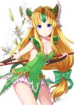  1girl blonde_hair blue_eyes bow breasts bridal_gauntlets cleavage closed_mouth coconat_summer collarbone dress eyebrows_visible_through_hair flower forehead_jewel frown green_bow green_dress hair_bow hair_intakes highres holding holding_spear holding_weapon leaf legs_apart lily_(flower) long_hair looking_at_viewer low-tied_long_hair multicolored multicolored_eyes no_bra pauldrons pink_eyes polearm riesz seiken_densetsu seiken_densetsu_3 sidelocks small_breasts solo spear very_long_hair weapon white_background white_flower 