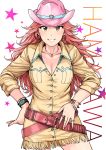  1girl bracelet breasts brown_eyes character_name cleavage collarbone cowboy_hat cowboy_shot curly_hair earrings grin hamakawa_ayuna hand_on_hip hat highres idolmaster idolmaster_cinderella_girls jewelry long_hair looking_at_viewer medium_breasts nail_polish necklace pink_hair pink_headwear ring smile solo standing tsurui white_background wing_collar yellow_coat yellow_nails 