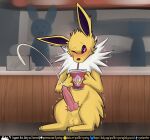 balls blush bodily_fluids cash_register container counter cum cup digital_media_(artwork) disposable_cup drinking_straw eeveelution ejaculation english_text erection fast_food_employee fast_food_restaurant feral fur generation_1_pokemon genital_fluids genitals heart_eyes heart_symbol hi_res jolteon juice_that_makes_you_cum knot knotted_penis male mammal nintendo open_mouth penis pokemon pokemon_(species) public rymherdier smile solo solo_focus tail text tremble_spikes url yellow_body yellow_fur
