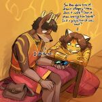 accessory alex_marx anthro antlers biped black_nose blush bottomless brown_body brown_fur clothed clothing dialogue duo english_text eyebrows family_guy felid female fingers fur green_eyes hair hi_res horn male mammal pantherine peter_griffin pink_nose pupils sitting task_(the-minuscule-task) text the-minuscule-task tiger