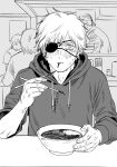  1boy absurdres adam's_apple blush bowl chainsaw_man chopsticks denji_(chainsaw_man) drawstring eyepatch food greyscale highres holding holding_chopsticks holding_with_chopsticks looking_at_viewer male_focus mekill215280 monochrome noodles ramen short_hair sitting sleeves_rolled_up solo sweat tears upper_body 