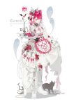  1girl absurdres apron asymmetrical_footwear black_bow black_cat black_horns black_nails blood blood_on_clothes blue_eyes boots bow braid breasts candle candlestand cat closed_mouth commission corset_piercing cross-laced_clothes cross-laced_sleeves crown dress eyebrow_piercing face_piercing food footwear_bow frilled_sleeves frills fruit full_body hair_bow hair_ornament hairclip highres holding holding_plate horns long_hair long_sleeves mihuashi_commission mini_crown original pantyhose parallel_hairclips piercing pink_apron pink_bow pink_hair pink_ribbon plate pomegranate ribbon sample_watermark sleeves_past_wrists small_breasts smile speech_bubble standing sumiko_cheng thought_bubble twin_braids watermark white_background white_boots white_bow white_dress white_pantyhose 
