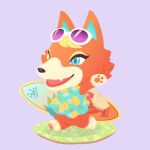 1:1 2020 3_fingers animal_crossing anthro audie_(animal_crossing) biped blonde_hair blue_eyes bottomless canid canine canis cheek_tuft clothed clothing eyeshadow eyewear eyewear_on_head facial_tuft female fingers fur hair holding_object holding_surfboard lineless makeup mammal nintendo open_mouth open_smile orange_body orange_fur pawpads pineapple_print_dress raised_hand red_wolf signature smile snaggle_tooth solo sunglasses sunglasses_on_head surfboard talicedraws tuft walking wearing_sunglasses wolf yellow_eyeshadow
