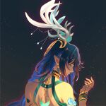  1girl antlers back bare_back bare_shoulders black_hair blue_eyes blue_flower blue_hair bracelet closed_mouth colored_inner_hair commentary crescent deer_antlers deer_girl earrings eyelashes fingernails flower from_behind genshin_impact gold_bracelet gold_trim green_nails hair_between_eyes hand_up headpiece highres horns jewelry lauma_(genshin_impact) leaf long_fingernails long_hair looking_down multicolored_hair nail_polish okawaoshio pointy_ears smile solo star_(sky) starry_sky_background upper_body very_long_hair wavy_hair 