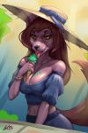  anthro big_breasts breasts canid canine cleavage clothed clothing dessert female food hat headgear headwear hi_res ice_cream ksaiden licking mammal tongue tongue_out 