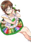  1girl akizuki_ritsuko bangs black-framed_eyewear bow braided_ponytail breasts brown_eyes brown_hair choker cleavage closed_mouth crossed_legs eyebrows_visible_through_hair frilled_skirt frills glasses hair_bow hair_ornament hair_over_shoulder highres idolmaster idolmaster_(classic) invisible_chair jewelry long_hair looking_at_viewer medium_breasts miniskirt multicolored multicolored_clothes multicolored_skirt necklace ponytail simple_background sitting skirt sleeves smile solo striped striped_bow striped_skirt tsurui white_background 