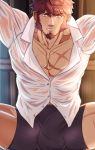  1boy beard blue_eyes boxers brown_hair chest facial_hair fate/grand_order fate_(series) highres long_sleeves looking_at_viewer male_focus muscle napoleon_bonaparte_(fate/grand_order) open_clothes open_shirt pectorals scar shirt solo sweatdrop teeth thighs underwear yaosan233 