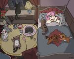  1girl absurdres bed bowl cat cat_teaser closed_eyes commentary curtains dead_animal desk drooling english_commentary fighting highres indoors kaenbyou_rin kaenbyou_rin_(cat) komeiji_satori lamp mouse_(animal) mouth_drool open_mouth pet_bowl pink_hair puupiks sweatdrop too_many too_many_cats touhou under_covers window 