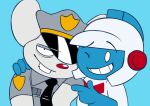 2026 8-bit-britt accessory anthro armor bandai_namco black_clothing black_eyes black_hat black_headwear black_necktie blue_background blue_body blue_clothing blue_gloves blue_handwear blue_helmet bodysuit buckteeth clothing dig_dug digital_media_(artwork) duo fur gesture gloves grey_body grey_clothing grey_ears grey_fur grey_hat grey_headwear grey_shirt grey_topwear hand_gesture hand_on_shoulder handwear hat hat_over_eye headgear headwear helmet hi_res house_mouse humanoid male mammal mappy mappy_(character) mouse multicolored_bodysuit multicolored_clothing multicolored_hat multicolored_helmet multicolored_skinsuit murid murine necktie one_eye_closed pointing pointing_at_another police police_hat police_officer police_uniform red_bodysuit red_clothing red_helmet red_nose red_skinsuit rodent shiftylook shirt simple_background skinsuit smile standing taizo_hori teeth tight_clothing topwear two_tone_bodysuit two_tone_clothing two_tone_skinsuit uniform white_bodysuit white_clothing white_eyes white_helmet white_skinsuit yellow_clothing yellow_hat yellow_headwear