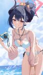 1girl absurdres bikini black_hair black_horns blue_archive blush breasts camera chiaki_(blue_archive) chiaki_(swimsuit)_(blue_archive) cleavage commentary_request curved_horns demon_horns digital_camera fishnet_shrug hair_between_eyes hair_bun hair_ornament hair_scrunchie halo highres holding holding_camera horns jewelry looking_at_viewer medium_breasts multicolored_horns necklace o-ring o-ring_bikini o-ring_top ocean official_alternate_costume official_alternate_hairstyle pointy_ears red_eyes red_halo red_horns scrunchie see-through_clothes see-through_shrug shrug_(clothing) sidelocks single_hair_bun smile swimsuit teeth two-tone_horns white_bikini yellow_scrunchie yellow_shrug yeogpu_(seung832222) 