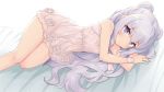  +_+ 1girl :t azur_lane bangs blue_eyes blush commentary_request double_bun dress eyebrows_visible_through_hair flower hair_between_eyes le_malin_(azur_lane) long_hair lying on_side pout ribbon rose sidelocks silver_hair solo very_long_hair white_dress white_flower white_hair white_ribbon white_rose wrist_ribbon yamasan 