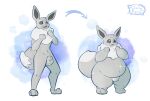 2023 after_transformation ambiguous_gender animal_genitalia anthro artist_name balls belly big_ears blue_background canid cherrypieowo chubby_cheeks eevee fluffy fluffy_tail fur generation_1_pokemon genitals grey_body grey_eyes grey_fur grey_sclera hands_to_chest hi_res looking_at_hands male male_(lore) male_to_ambiguous mammal mtn_transformation multicolored_body multicolored_fur nintendo null_bulge open_mouth paws pink_tongue pokemon pokemon_(species) pupils sequential_arrow sheath shiny_pokemon simple_background slightly_chubby solo sparkles tail text thick_thighs tongue unavailable_at_source watercolor_background weight_gain white_background white_body white_fur