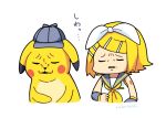  &gt;_&lt; 1girl blonde_hair cabbie_hat closed_eyes crossover detached_sleeves detective_pikachu detective_pikachu_(movie) detective_pikachu_(series) frown gen_1_pokemon hair_ornament hair_ribbon hairclip hat kagamine_rin nokuhashi pikachu pokemon pokemon_(creature) ribbon sailor_collar shirt short_hair simple_background sleeveless sleeveless_shirt translation_request twitter_username upper_body vocaloid white_background white_ribbon white_shirt yellow_ribbon 