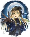  1girl blonde_hair fate/grand_order fate_(series) full_moon fur_collar gloves green_eyes hat highres kito_(kito2) lighting long_hair lord_el-melloi_ii_case_files moon night night_sky reines_el-melloi_archisorte signature sky 