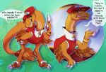 arm_feathers arrogant claws clenched_teeth clothed clothing conductor conductor_hat dinosaur dinosaur_train dromaeosaurid english_text feather_hair feathered_dinosaur feathered_scalie feathers feral green_eyes hat headgear headwear hi_res hug inside kattylender male orange_body orange_feathers partially_clothed pbs prehistoric_species pseudo_hair reptile saurischian scalie sharp_teeth sickle_claw simple_background smile solo speech_bubble tail tail_feathers teeth text theropod thurston_troodon_(dinosaur_train) toe_claws topwear train train_conductor troodon troodontid vehicle vest yellow_body yellow_feathers