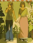 2026 5_fingers accessory arm_on_arm awning bent_arm biped blush bottomwear bow_ribbon clothed clothing colored delicious_in_dungeon digital_media_(artwork) digital_painting_(artwork) duo elf eyes_closed falin_touden female fingers floor footwear front_view grey_clothing grey_shirt grey_topwear hair hair_accessory hair_bow hair_ribbon hand_holding hand_on_neck happy hi_res human humanoid humanoid_pointy_ears long_hair looking_aside mammal marcille_donato nananna painting_(artwork) pants pink_bottomwear pink_clothing pink_skirt plant plant_pot plantigrade pointy_ears ponytail potted_plant ribbons shaded shirt shoes short_hair skirt standing teal_bottomwear teal_clothing teal_pants topwear wall_(structure) yellow_clothing yellow_lighting yellow_shirt yellow_topwear