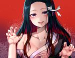  1girl :d absurdres bare_shoulders black_hair black_kimono breasts claw_pose collarbone commentary fangs forehead hair_ribbon hands_up highres japanese_clothes kamado_nezuko kimetsu_no_yaiba kimono long_hair looking_at_viewer multicolored_hair off_shoulder open_mouth purple_eyes red_background red_hair red_nails ribbon sidelocks small_breasts smile solo sunhyun two-tone_hair upper_body 