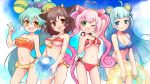  4girls ;d ahoge animal_ears arm_up ball beachball bikini blue_bikini blue_bow blue_eyes blue_hair blue_sky blush bow breasts brown_eyes brown_hair cat_ears cat_girl cat_tail cleavage cloud cloudy_sky commentary_request cow_ears cow_girl cow_horns day fang front-tie_bikini front-tie_top green_eyes green_hair groin hair_bow hair_ornament halter_top halterneck hand_behind_head hand_up heart heart_ahoge heart_hair_ornament high_ponytail highres holding holding_ball holding_innertube holmy_(show_by_rock!!) horns innertube jacqueline_(show_by_rock!!) medium_breasts multiple_girls navel nyama one_eye_closed open_mouth orange_bikini outdoors pink_hair ponytail red_bikini red_eyes rosia_(show_by_rock!!) show_by_rock!! sky smile spade_hair_ornament sparkling_eyes strapless strapless_bikini striped striped_bow swimsuit tail transparent tsukino_(show_by_rock!!) twintails v 