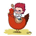 1:1 2014 ambiguous_gender avian_caruncle beak bottomwear brown_body brown_feathers cel_shading chef chef_uniform chibi clothing comb_(anatomy) cutlery dewlap_(anatomy) digital_drawing_(artwork) digital_media_(artwork) duo eyebrows eyelashes eyewear fablefire feathers female feral galina_reznikov glasses grass hair head_crest holding_spoon human kitchen_utensils lipstick makeup mammal mount orange_is_the_new_black pants plant purple_eyewear purple_glasses rectangular_glasses red_hair reins shaded short_hair simple_background spoon standing tail tail_feathers the_chicken_(oitnb) tools topwear wattle white_background white_clothing white_topwear wooden_spoon yellow_beak