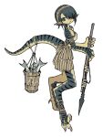 absurd_res anthro boxcutter0 breasts claws clothed clothed_female clothing digitigrade dinosaur female full-length_portrait hair hi_res holding_melee_weapon holding_object holding_polearm holding_spear holding_weapon humanoid_pointy_ears looking_at_viewer markings melee_weapon non-mammal_breasts pointy_ears polearm portrait prehistoric_species reptile scalie sickle_claw side_view simple_background small_breasts solo spear striped_body striped_markings striped_tail stripes tail tail_markings toe_claws weapon white_background