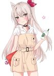  1girl alternate_costume amatsukaze_(kantai_collection) bag beige_dress black_choker brown_eyes casual chigasaki_y choker contrapposto cowboy_shot cup disposable_cup highres kantai_collection long_hair looking_at_viewer shirt short_sleeves silver_hair simple_background smile solo tumbler two_side_up white_background white_shirt 