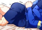  2boys ass blue_lock blue_shirt blue_shorts bongji571862 from_side hand_on_another's_back highres isagi_yoichi itoshi_rin leg_between_thighs male_focus multiple_boys on_bed shirt short_hair shorts simple_background straddling thigh_straddling trembling white_background yaoi 