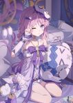  1girl bare_shoulders blue_eyes book book_stack bow citlali_(genshin_impact) citlalin_(genshin_impact) closed_mouth commentary_request dress genshin_impact hair_intakes hand_up highres long_hair one_eye_closed pillow pink_hair purple_bow purple_dress rubbing_eyes seero sitting solo very_long_hair wariza wavy_mouth 