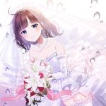  1girl album_cover bangs bare_shoulders bouquet breasts bridal_veil brown_hair closed_mouth commentary_request cover detached_sleeves dress eyebrows_visible_through_hair flower frilled_legwear grey_eyes holding holding_bouquet jewelry long_sleeves myusha necklace nijisanji pearl_necklace red_flower red_rose rose see-through small_breasts smile solo strapless strapless_dress suzuka_utako thighhighs tiara veil virtual_youtuber water_drop wedding_dress white_dress white_flower white_legwear white_rose white_sleeves 