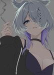  1girl black_choker breasts choker cigarette cleavage commentary_request elira_pendora fingernails grey_background grey_hair hair_over_one_eye head_wings highres holding holding_cigarette large_breasts long_fingernails looking_at_viewer mememepe0512 multicolored_hair nijisanji nijisanji_en parted_lips purple_hair simple_background sleeves_past_wrists smoke solo virtual_youtuber wings wolf_cut 