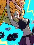  1girl armpits arms_up bangle belt belt_buckle blue_background bracelet braid breasts brown_eyes brown_loincloth buckle cape cleavage clima-tact closed_mouth cloud commentary_request cowboy_shot crop_top earrings electricity fighting_stance fur_cape gekidan183 highres holding holding_staff jewelry large_breasts loincloth long_hair looking_at_viewer midriff multiple_braids nami_(one_piece) navel one_piece orange_hair pearl_earrings smile solo staff thunder yellow_cape 
